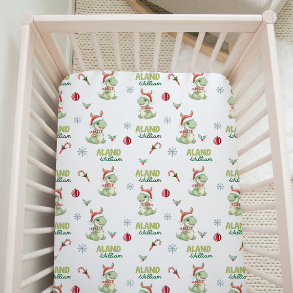 Dinosaur's Christmas Personalized Crib Sheet