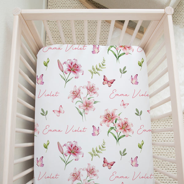 Pink Lilys Personalized Crib Sheet