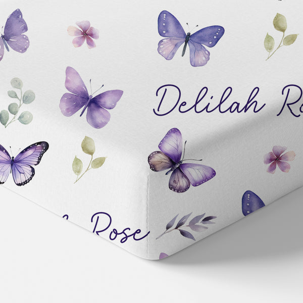 Purple Butterfly Personalized Crib Sheet