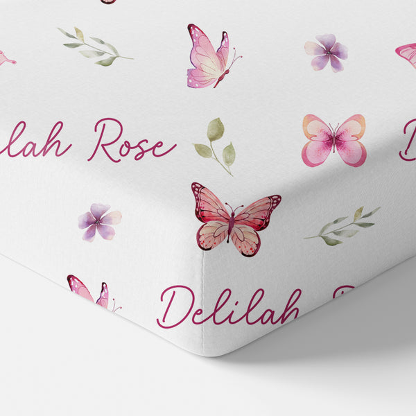 Pink Butterfly Personalized Crib Sheet