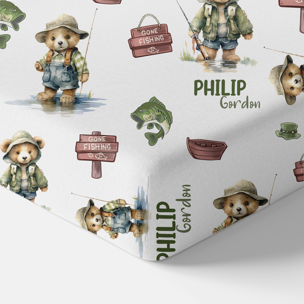 Bear Fishing Personalized Crib Sheet