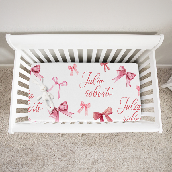 White Coquette Bow Personalized Crib Sheet