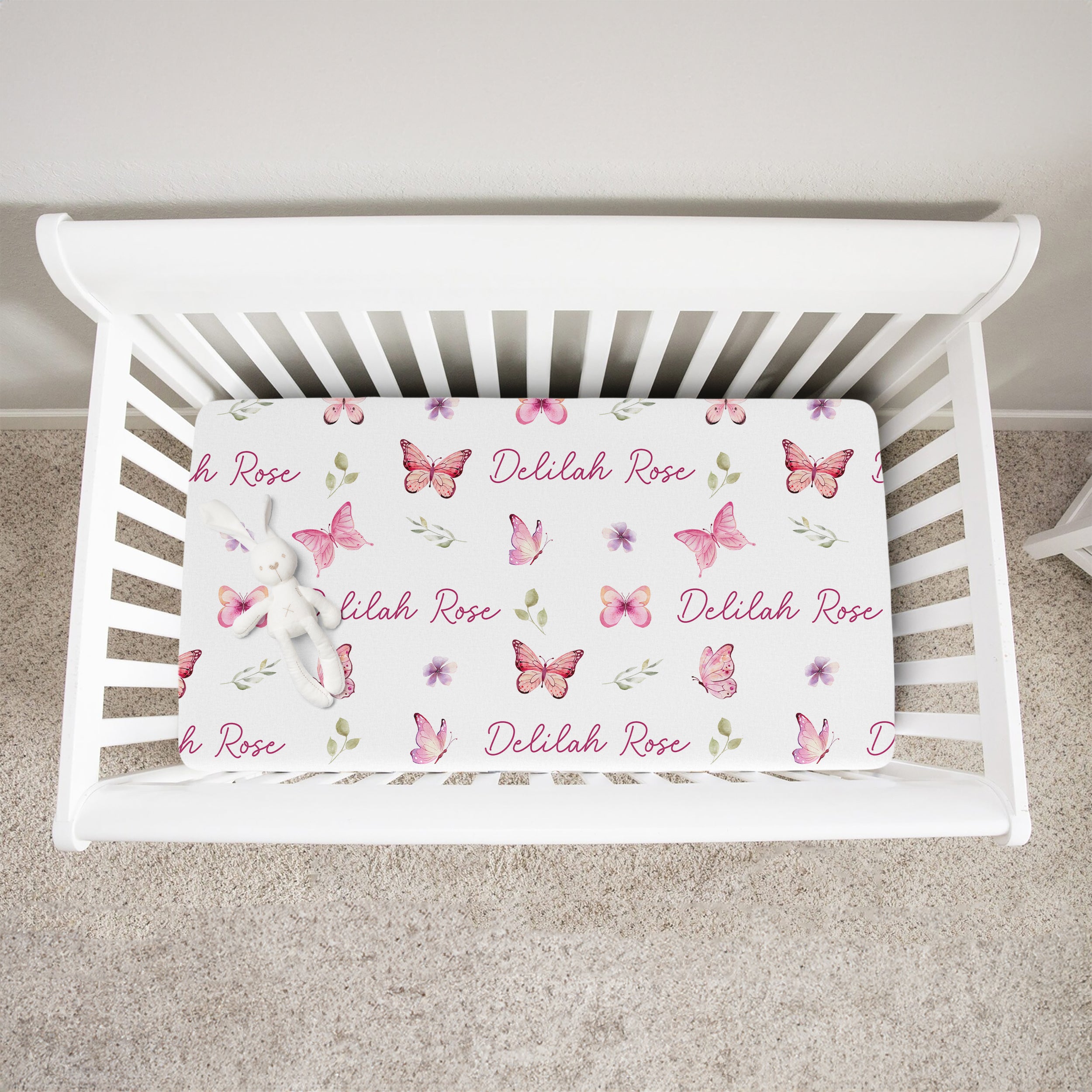 Pink Butterfly Personalized Crib Sheet