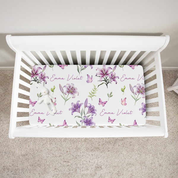 Purple Lilys Personalized Crib Sheet