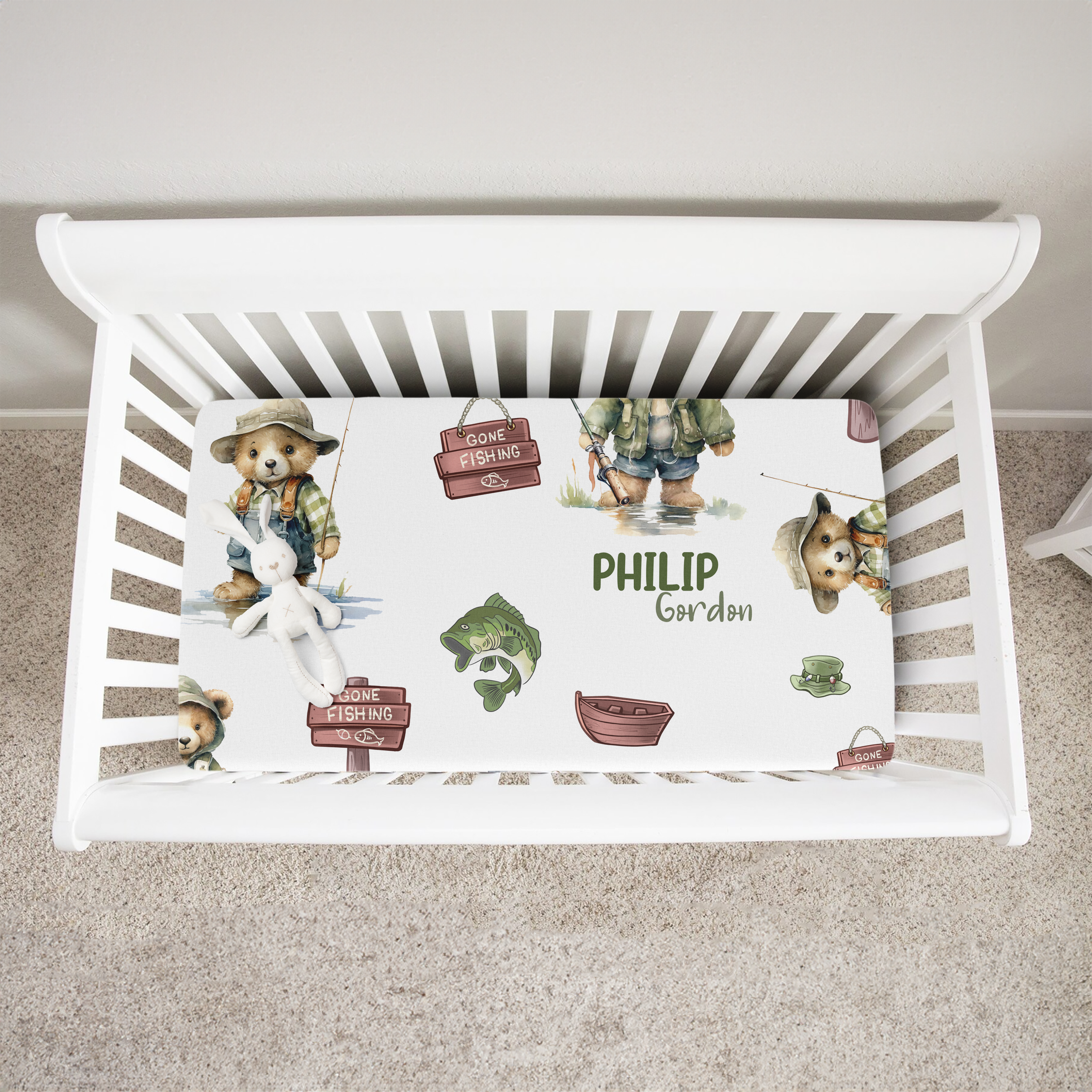 Bear Fishing Personalized Crib Sheet