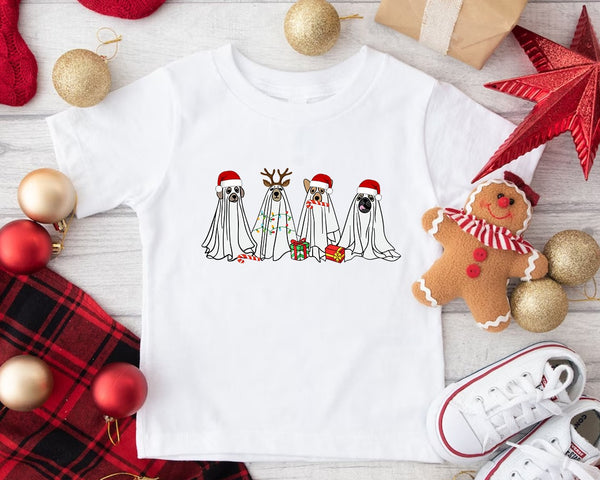 Personalized Dog Xmas Toddler Shirt, Ghouls Dogs With Santa Hats Kids Tee