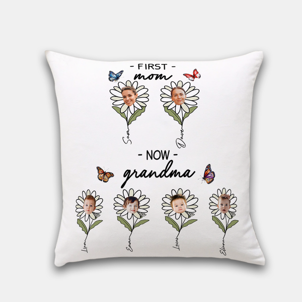 Custom First Mom Now Grandma Pillow With Grandkids, Personalized Photo Family Blossoms Pillow