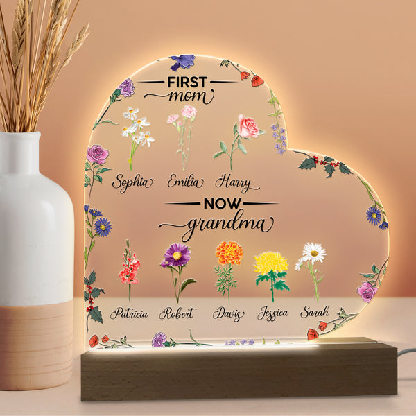 Custom First Mom, Now Grandma Heart Acrylic Plaque, Birth Month Flowers Gift For Grandma