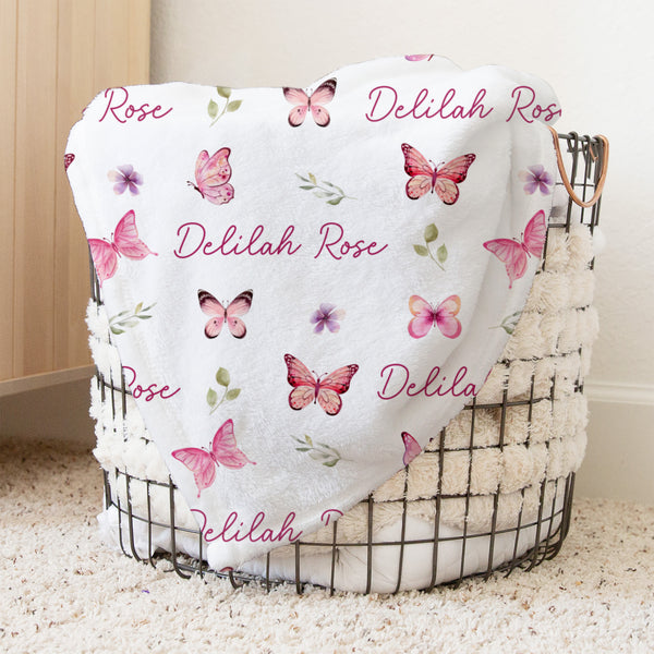 Pink Butterfly Personalized Minky Blanket