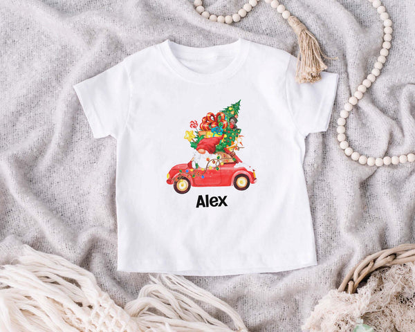 Custom Name Christmas Toddler Shirt, Red Truck Natural Kids Tee